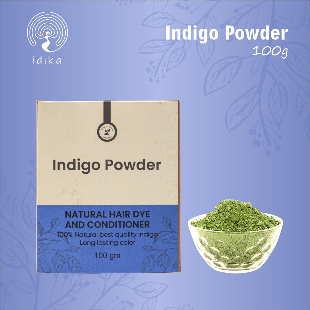 Idika Indigo Powder For Hair | Natural & Herbal Solution For Grey Hair | Bio Organic | Protects hair from Damage | Chemical-Free Indigo Powder for Natural Hair Coloring | Men & Women | Pack of 2