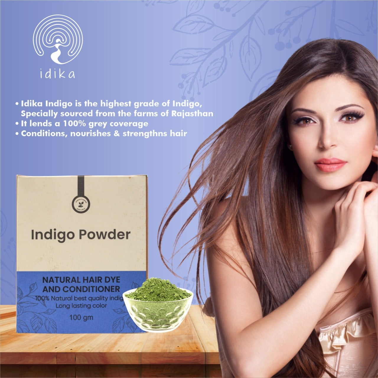Idika Indigo Powder For Hair | Natural & Herbal Solution For Grey Hair | Bio Organic | Protects hair from Damage | Chemical-Free Indigo Powder for Natural Hair Coloring | Men & Women | Pack of 2