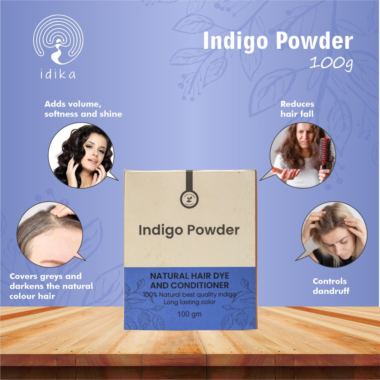 Idika Indigo Powder For Hair | Natural & Herbal Solution For Grey Hair | Bio Organic | Protects hair from Damage | Chemical-Free Indigo Powder for Natural Hair Coloring | Men & Women | Pack of 2
