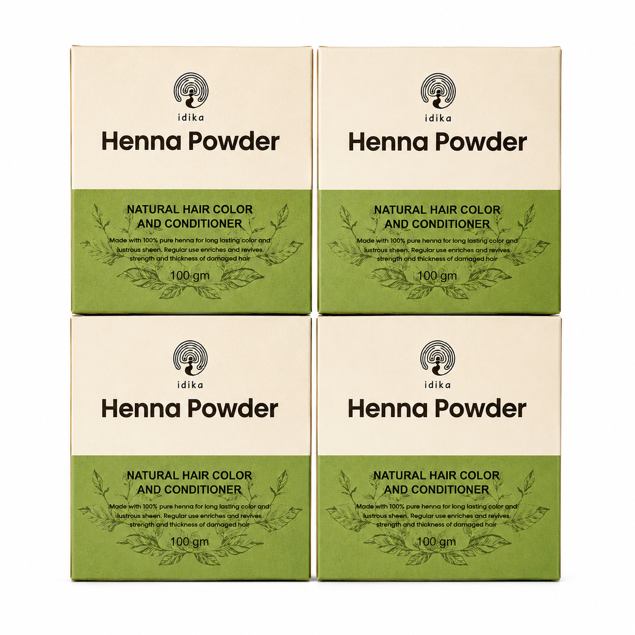 Idika Henna Powder For Hair | Premium 100% Natural & Herbal Henna Leaves Powder | Organic Hair Coloring Solution For Grey Hairs | Women & Men | Chemical-Free Mehandi Powder | Pack Of 4