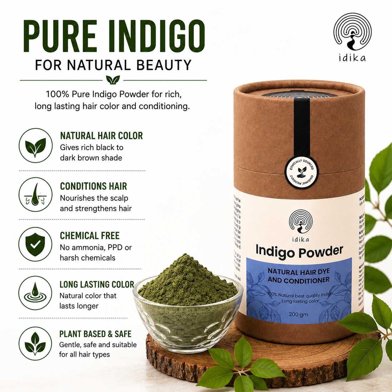 IDIKA Natural Indigo Powder for Hair | Hair Dye & Color with Conditioning