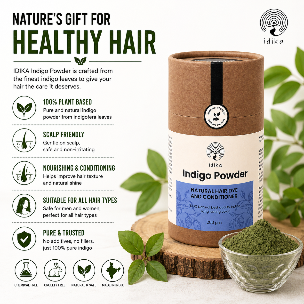 IDIKA Natural Indigo Powder for Hair | Hair Dye & Color with Conditioning