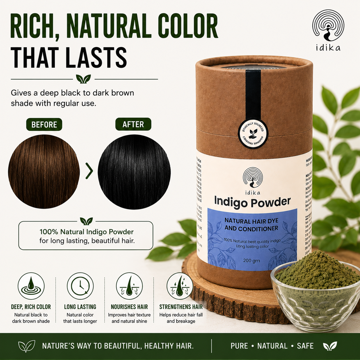 IDIKA Natural Indigo Powder for Hair | Hair Dye & Color with Conditioning