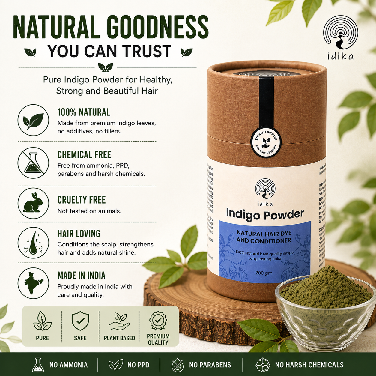 IDIKA Natural Indigo Powder for Hair | Hair Dye & Color with Conditioning