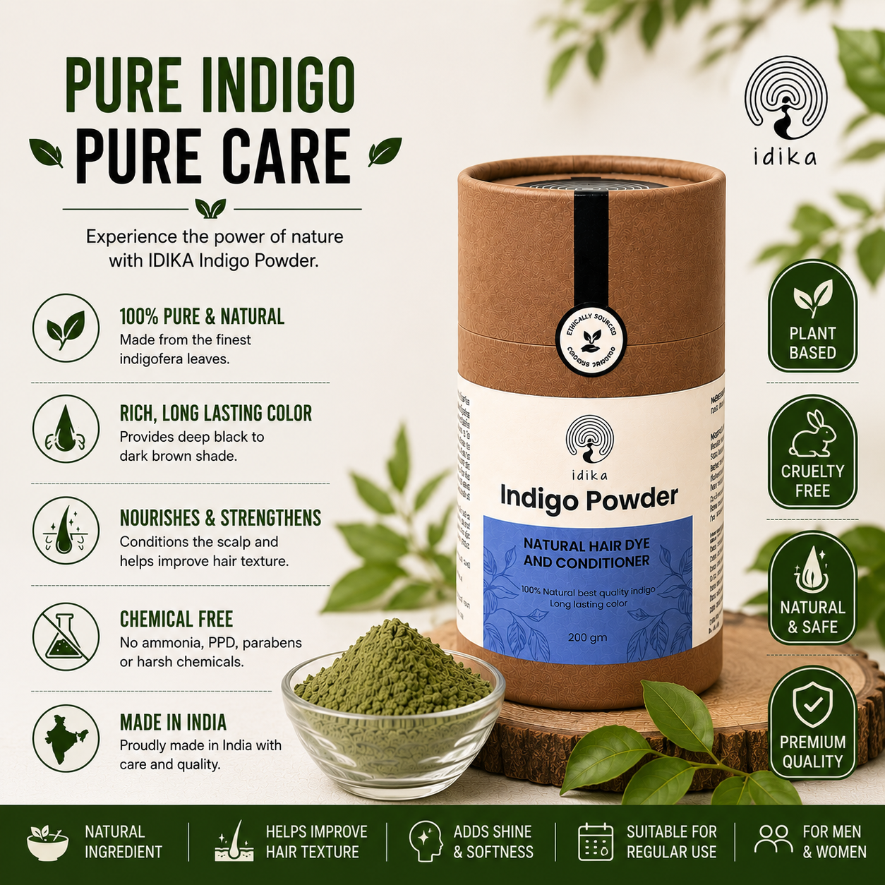 IDIKA Natural Indigo Powder for Hair | Hair Dye & Color with Conditioning