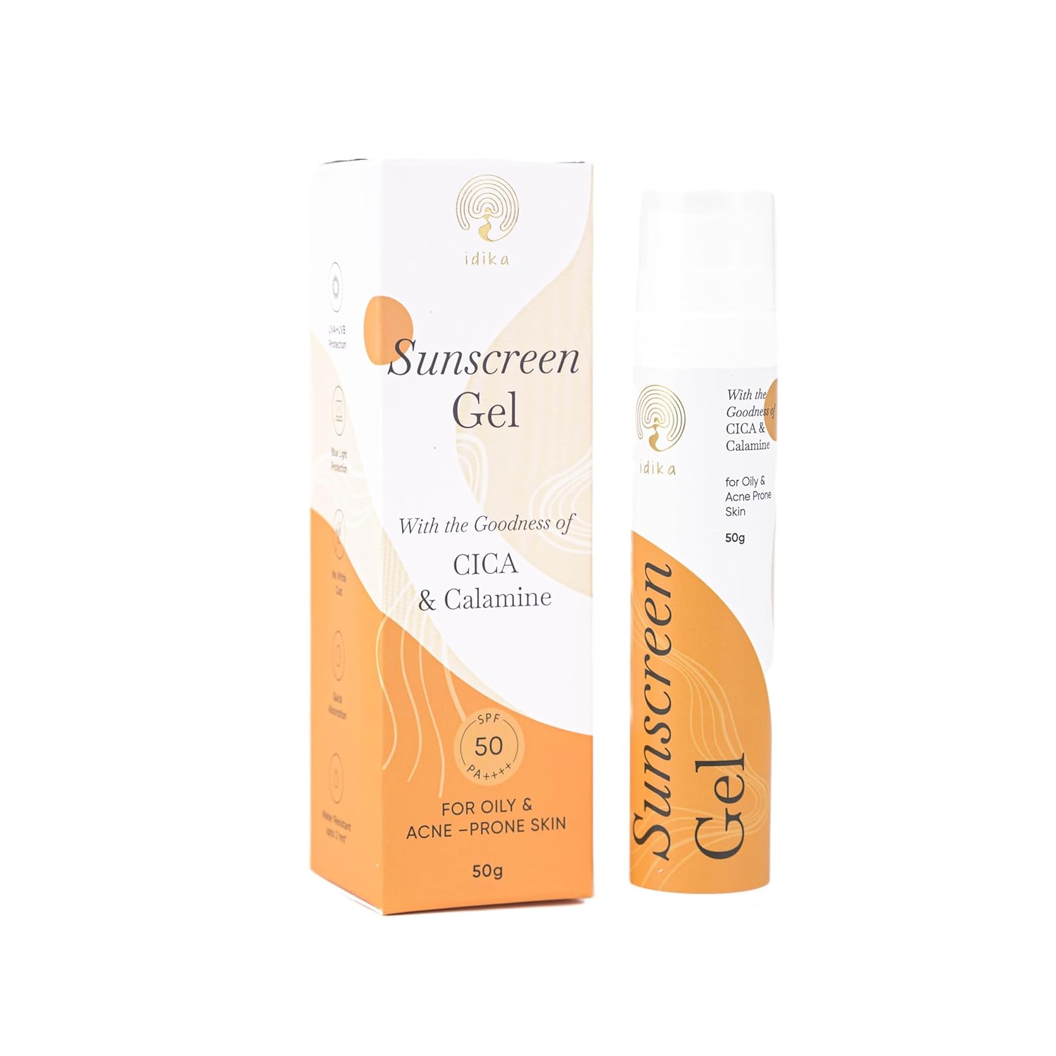 IDIKA Sunscreen Gel with Goodness of CICA & Calamin SPF 50 PA++++ For Oily and Acne Prone Skin | Non Greasy, No White Cast, Blue Light Protection 50g