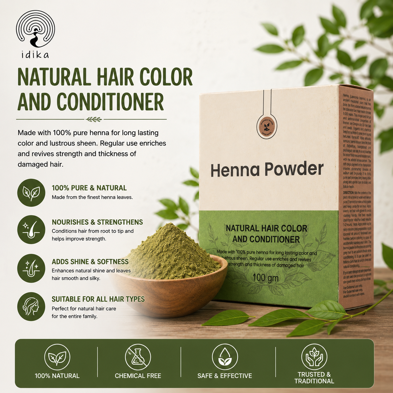 Natural Henna Powder for Hair | 100% Natural & Herbal Solution for Grey Hair | Chemical-Free Mehandi Hair Dye & Color Solution for Men & Women | 100gm, Pack of 1