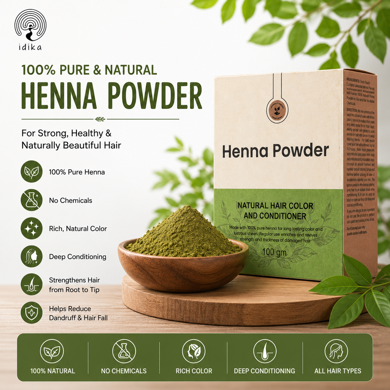 IDIKA Natural Henna Powder for Hair | Chemical-Free Mehandi | Pack of 4