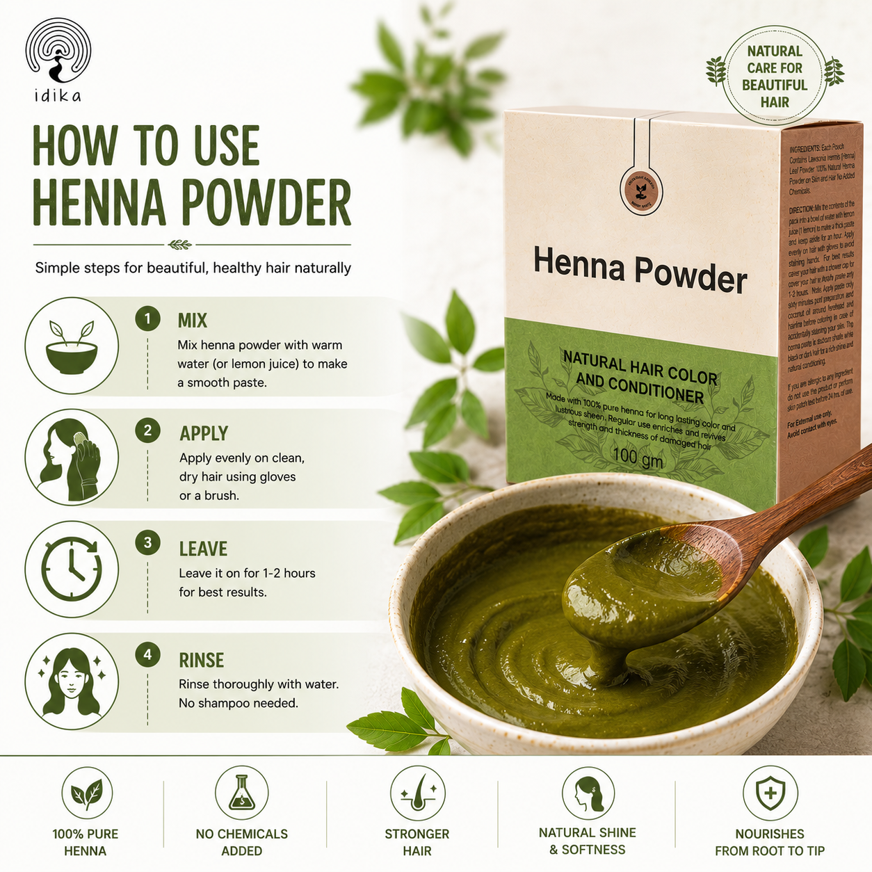 Natural Henna Powder for Hair | 100% Natural & Herbal Solution for Grey Hair | Chemical-Free Mehandi Hair Dye & Color Solution for Men & Women | 100gm, Pack of 1