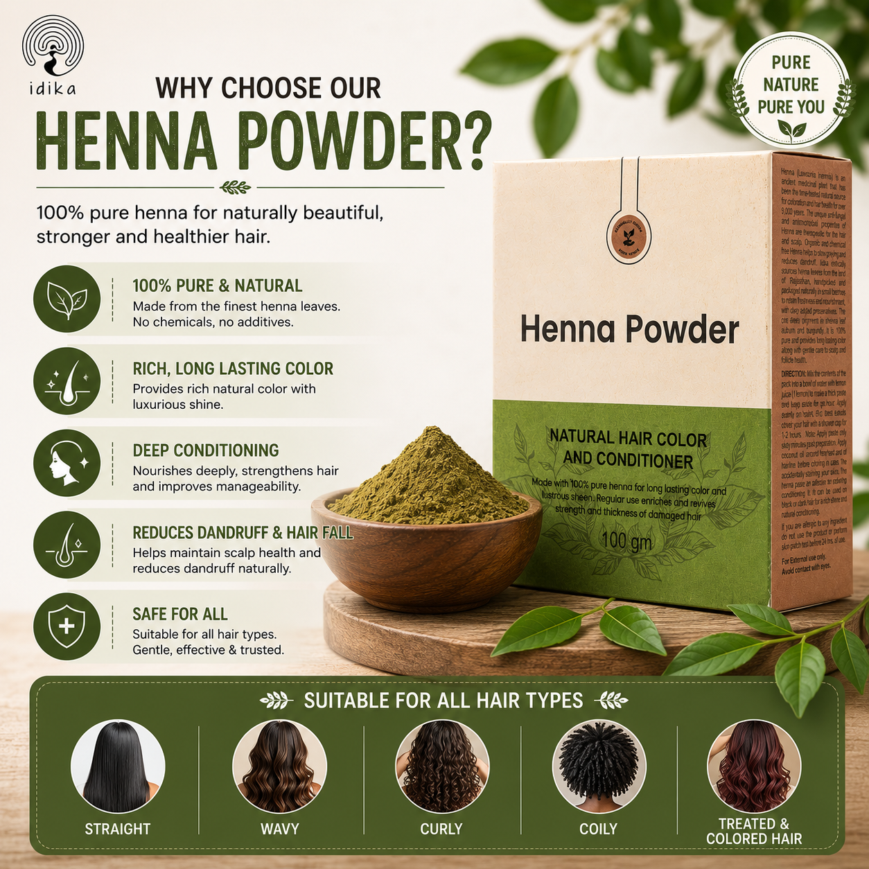 Natural Henna Powder for Hair | 100% Natural & Herbal Solution for Grey Hair | Chemical-Free Mehandi Hair Dye & Color Solution for Men & Women | 100gm, Pack of 1