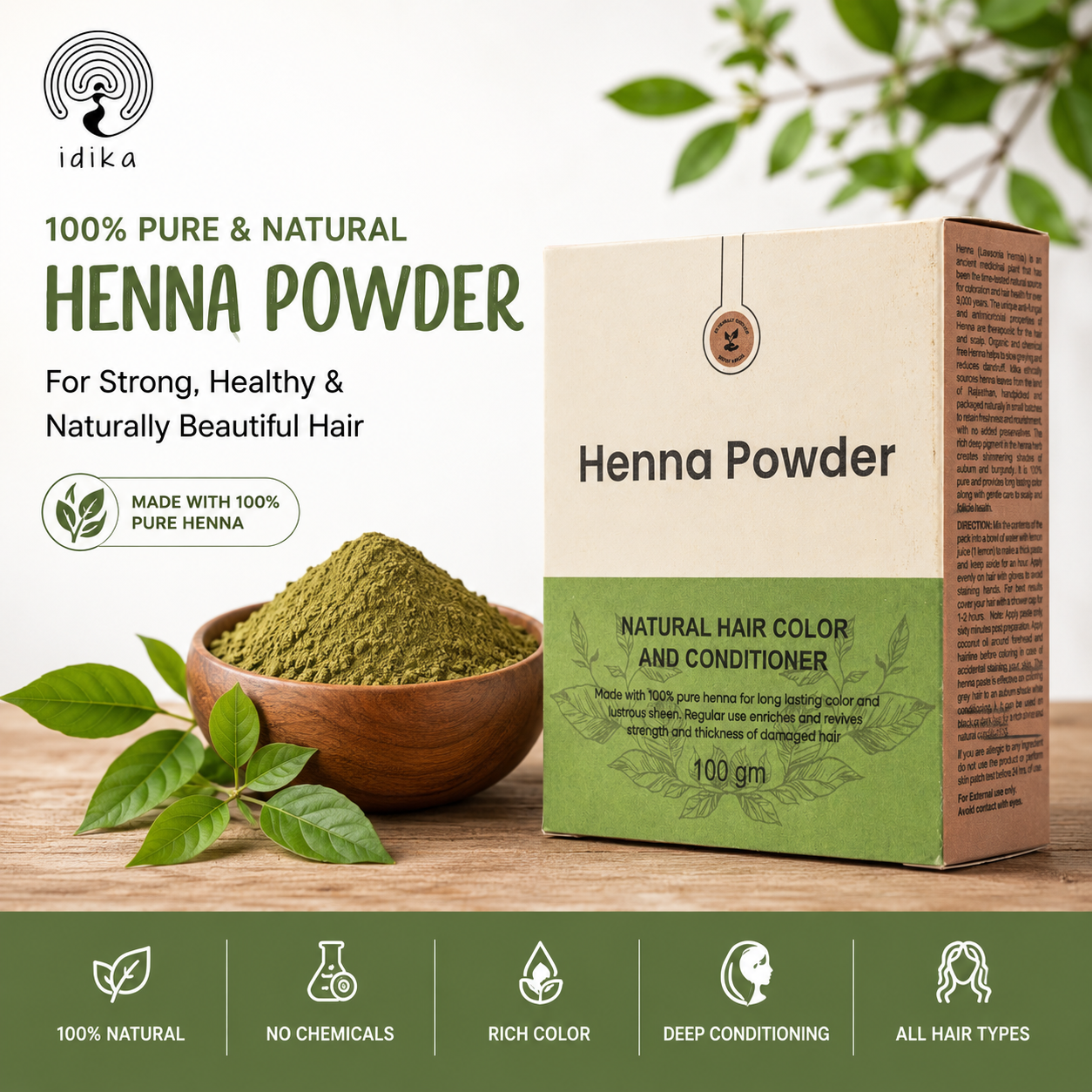 Natural Henna Powder for Hair | 100% Natural & Herbal Solution for Grey Hair | Chemical-Free Mehandi Hair Dye & Color Solution for Men & Women | 100gm, Pack of 1